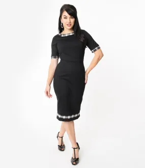 1960s Style Black & Plaid Trim Wiggle Dress