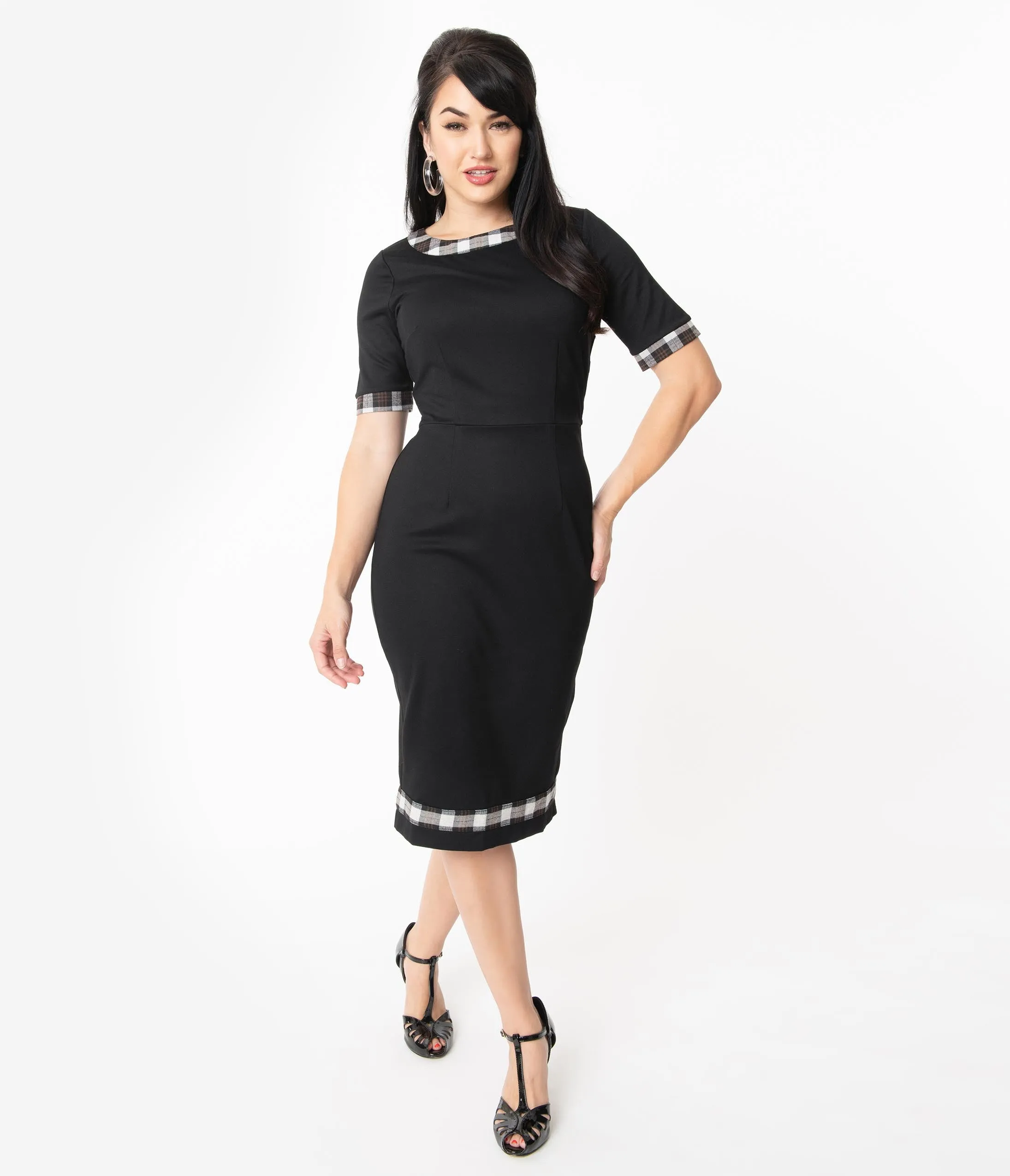 1960s Style Black & Plaid Trim Wiggle Dress
