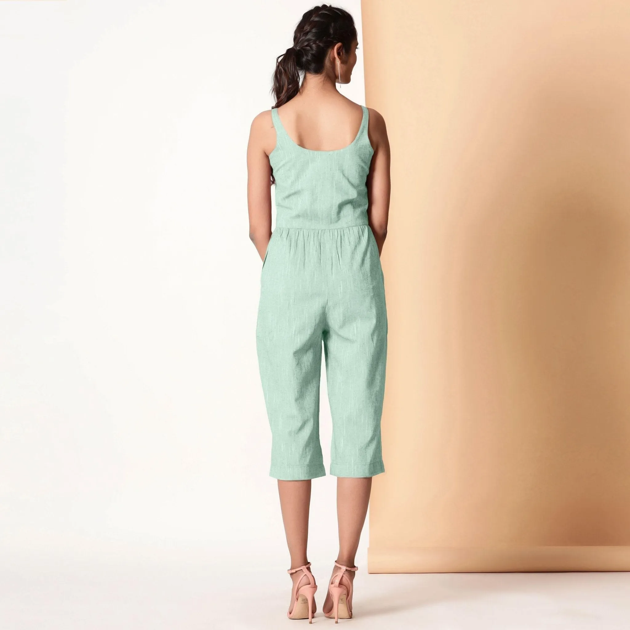 Aqua Sleeveless Cotton Button-Down Midi Jumpsuit