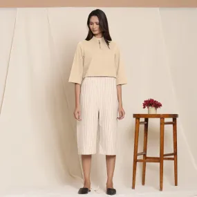 Beige Warm Cotton Flannel Knee Length Yoked Jumpsuit