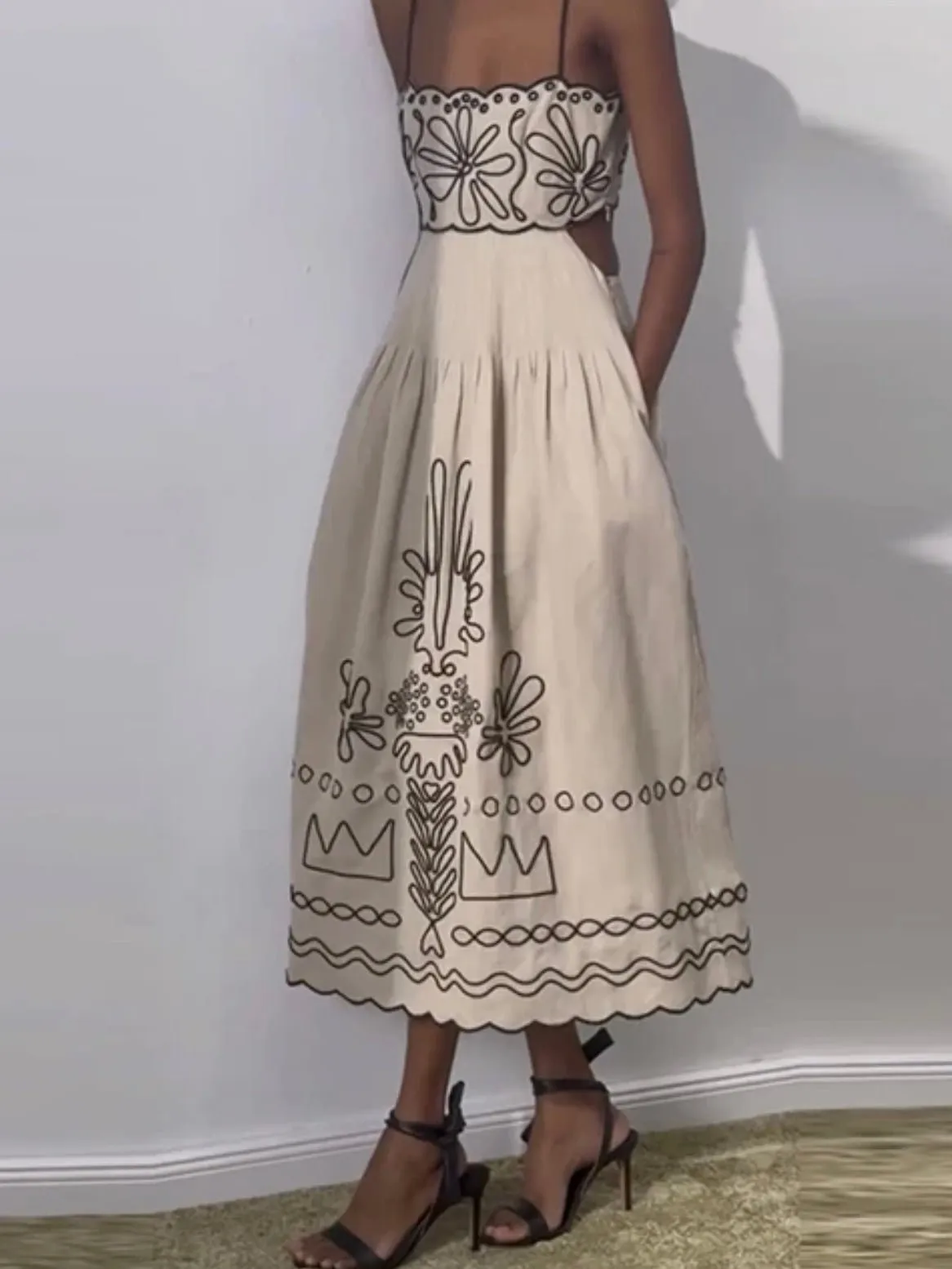 Beige with brown printed details maxi dress
