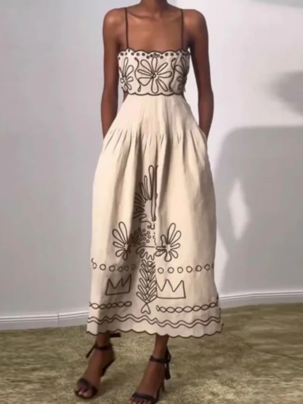 Beige with brown printed details maxi dress