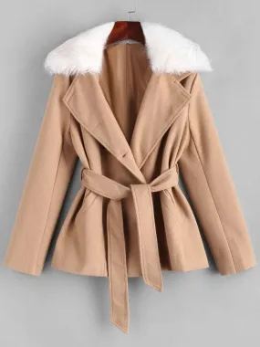Belted Fur Collar Wool Blend Peacoat for Women