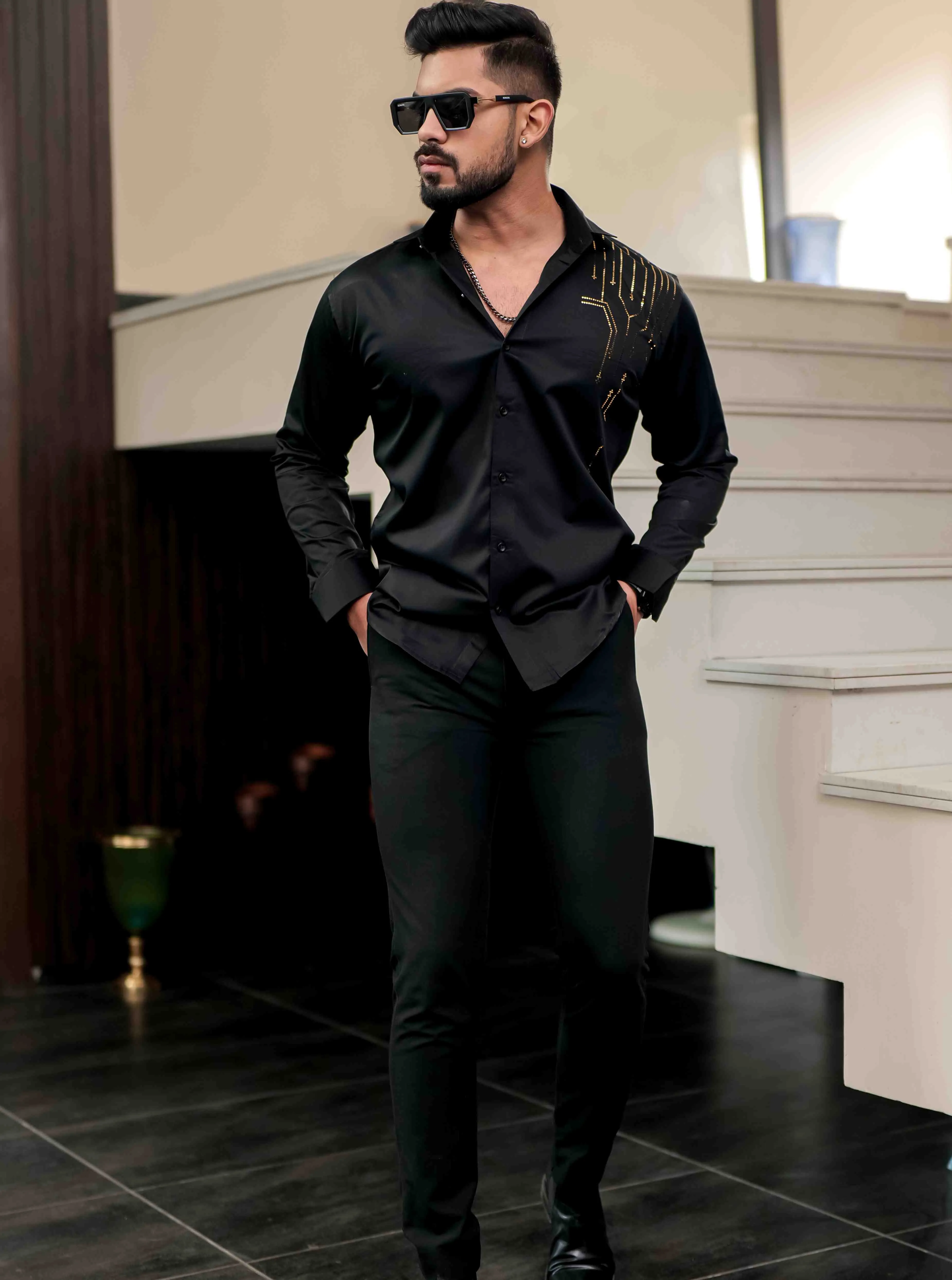 Black Club Wear Satin Cotton Party Shirt