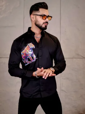 Black Club Wear Tiger Printed Satin Cotton Shirt