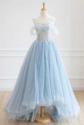 Blue Tulle Lace Long Prom Dress, High Low A-Line Evening Party Dress