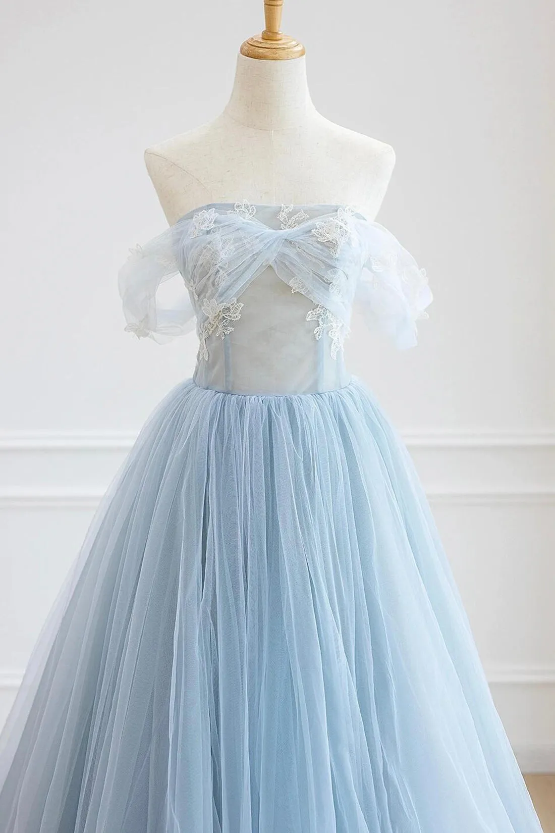 Blue Tulle Lace Long Prom Dress, High Low A-Line Evening Party Dress