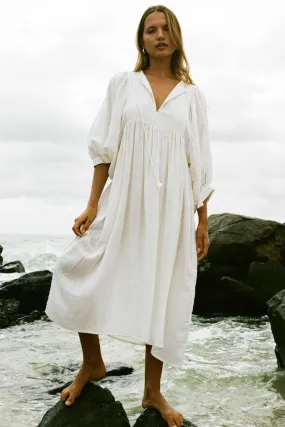 Breezy Tie Neck Balloon Sleeve Cotton Linen Babydoll Beach Vacation Midi Dress