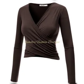 Brown V Neck L/S Wrap Shirt