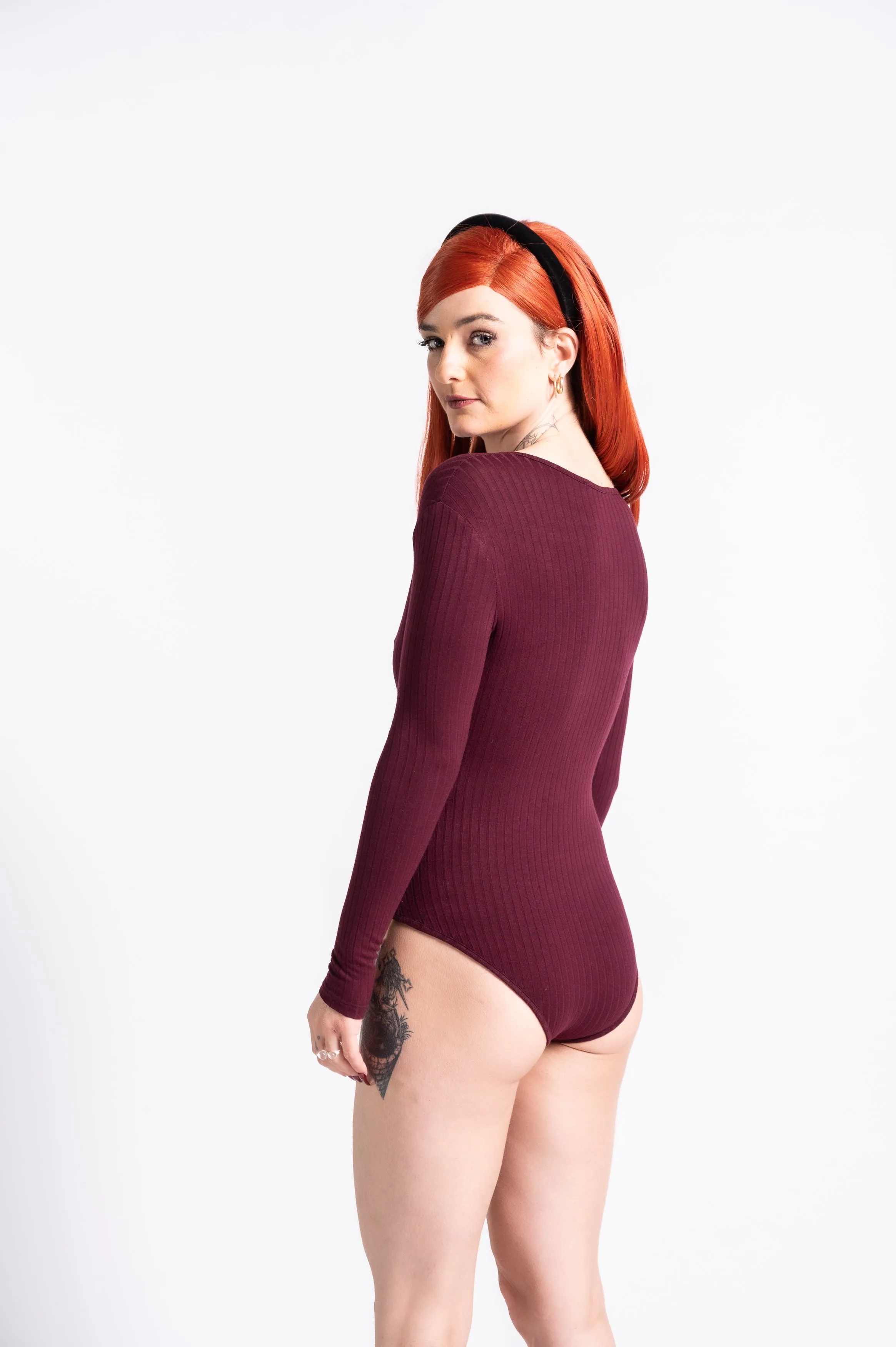 Burgundy Wrap Long Sleeve Ribbed Bodysuit