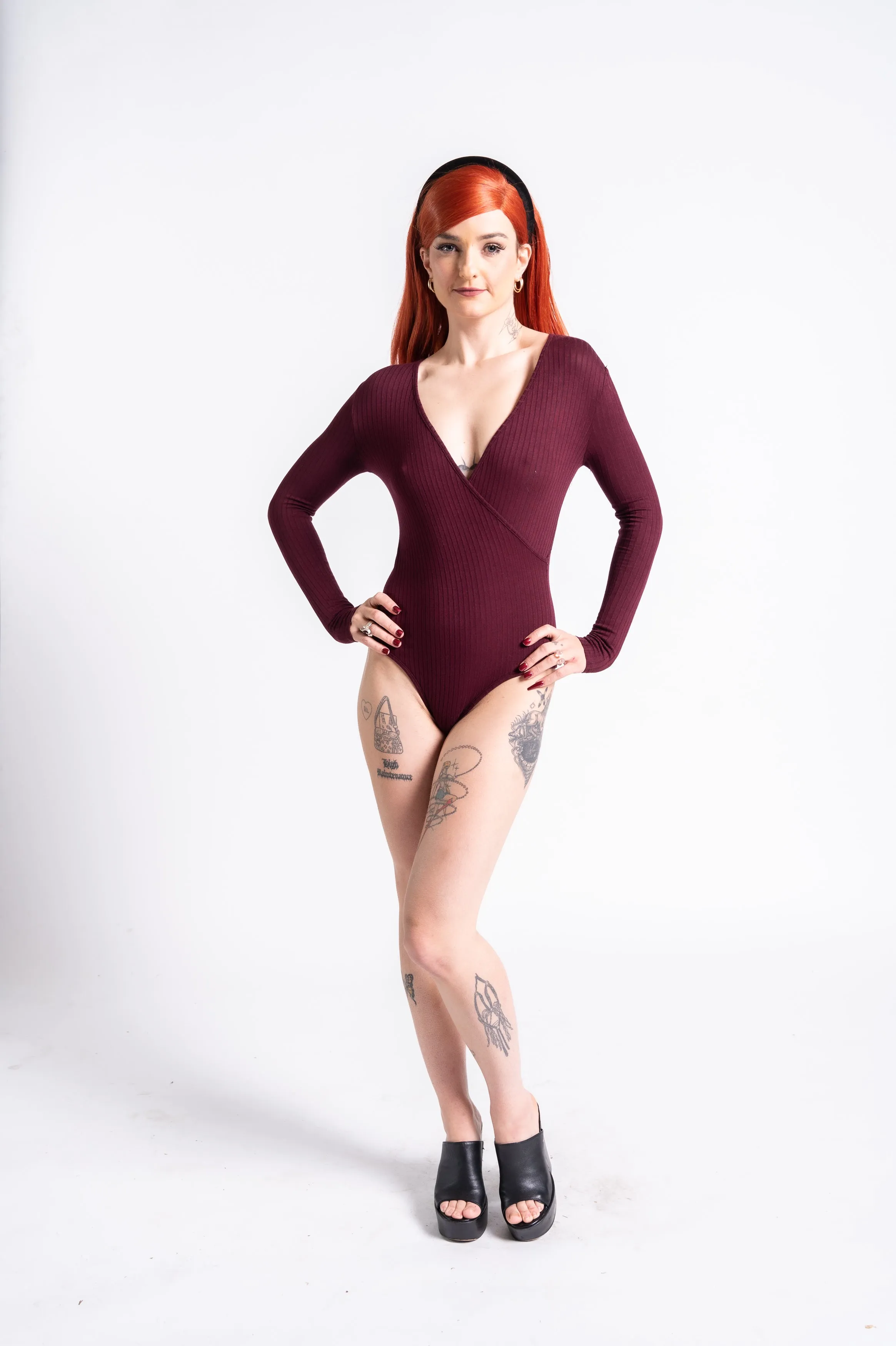 Burgundy Wrap Long Sleeve Ribbed Bodysuit