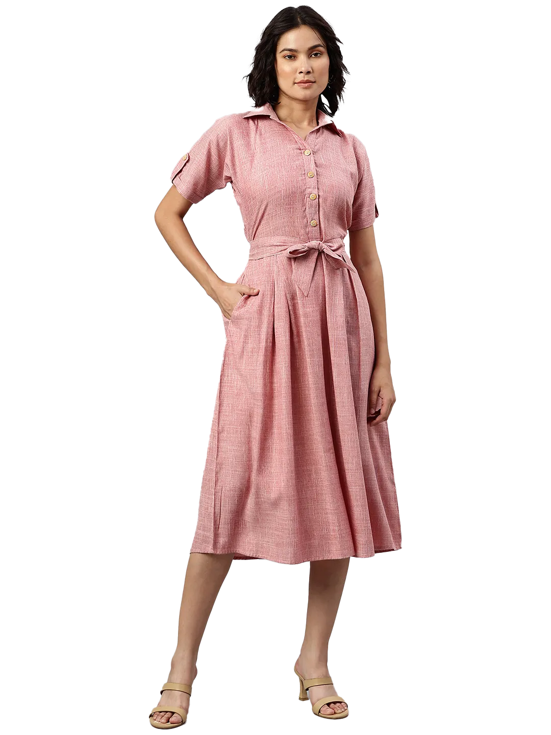 Cottinfab Pink Shirt Midi Dress