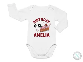 Custom Name Long Sleeve Birthday Baby Bodysuit for Girls with "Birthday Girl"