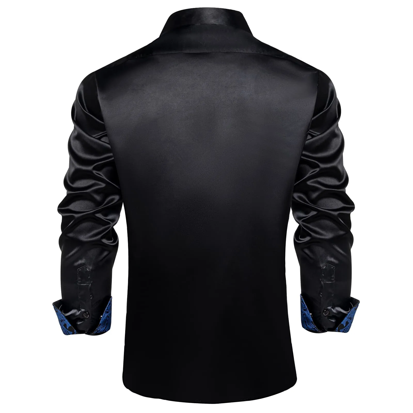 DiBanGu Collar Shirt Onyx Black Satin Splicing Solid Button Down Mens Shirt for Business