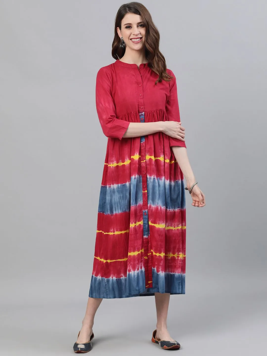 DRESS- Maroon & Blue Tie and Dye Printed button Down Dress