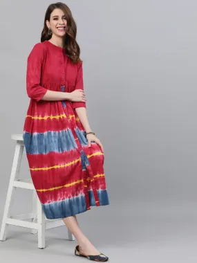 DRESS- Maroon & Blue Tie and Dye Printed button Down Dress