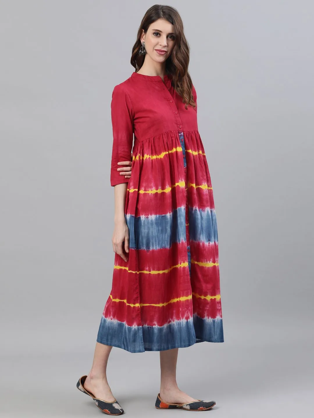 DRESS- Maroon & Blue Tie and Dye Printed button Down Dress