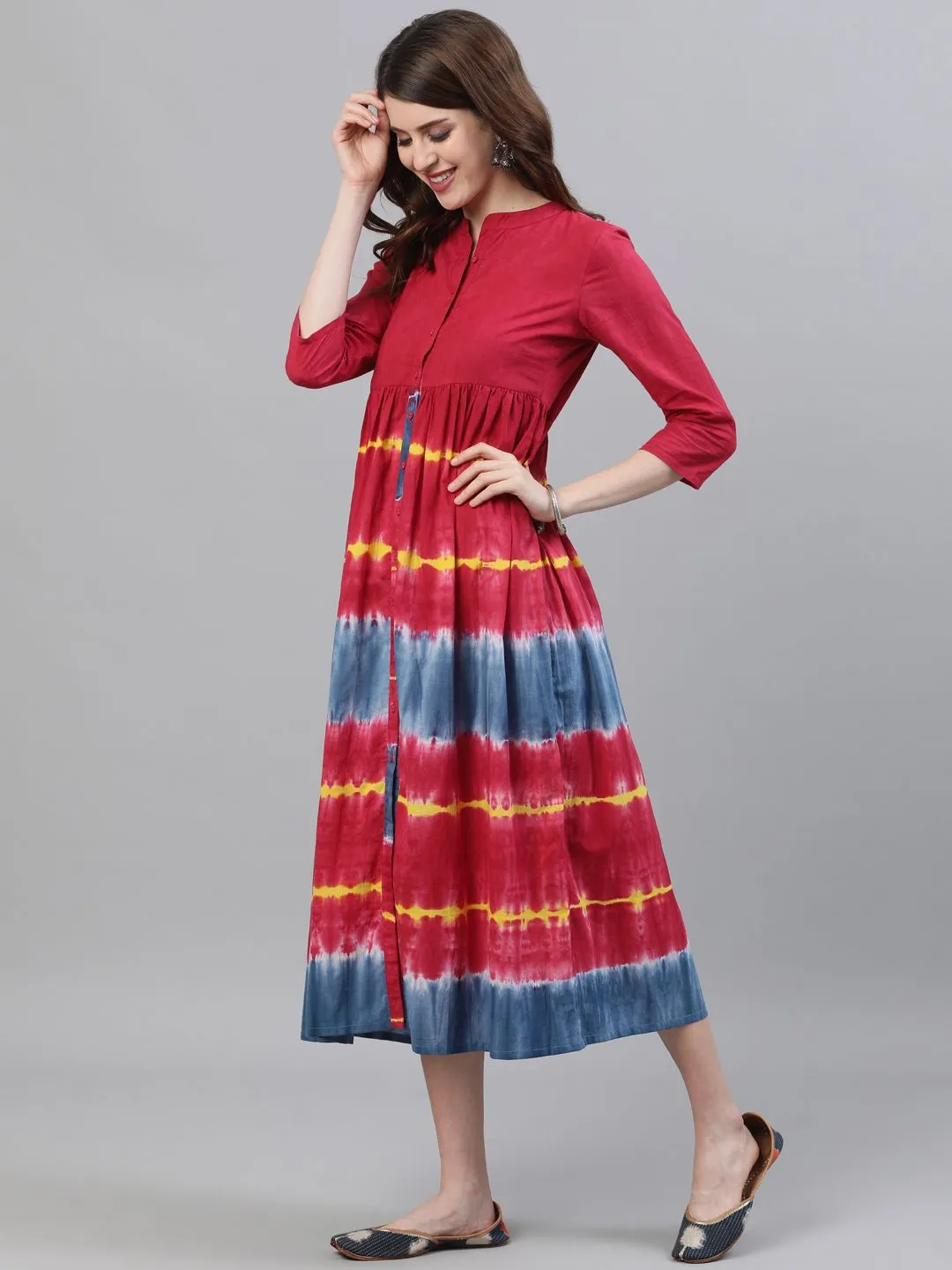 DRESS- Maroon & Blue Tie and Dye Printed button Down Dress