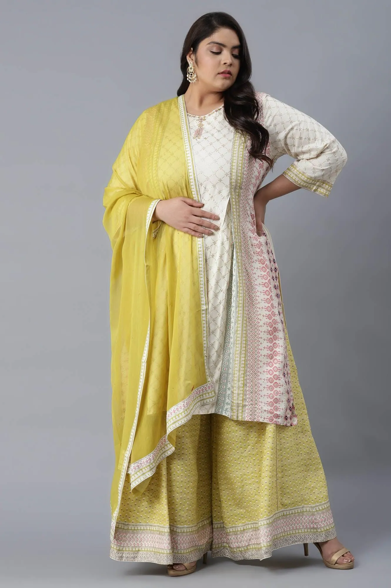 Ecru Mock Layered kurta-Culottes-Mesh Dupatta Set