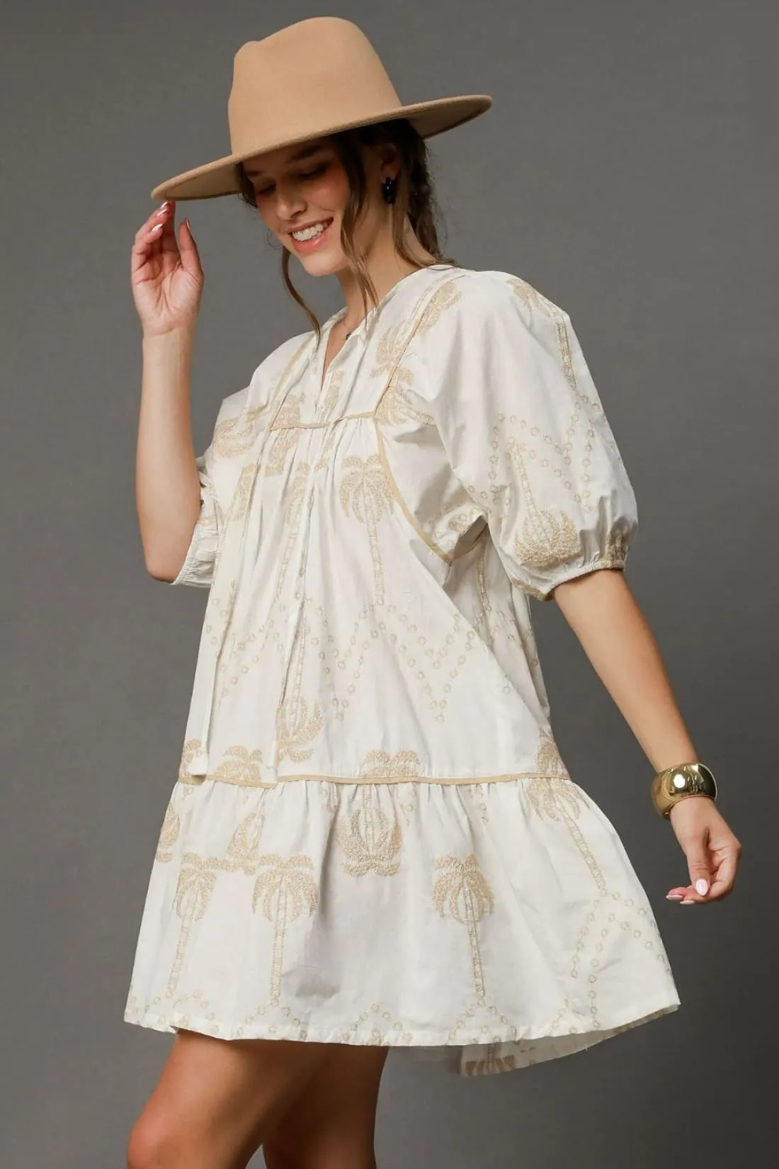 Embroidered Puff Sleeve Cotton Babydoll Dress