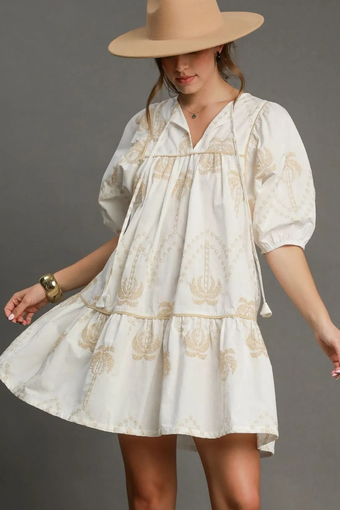 Embroidered Puff Sleeve Cotton Babydoll Dress