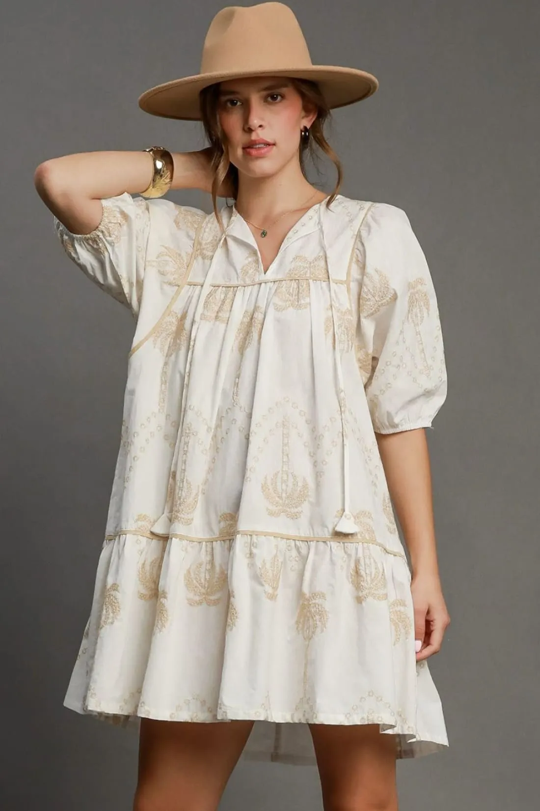 Embroidered Puff Sleeve Cotton Babydoll Dress