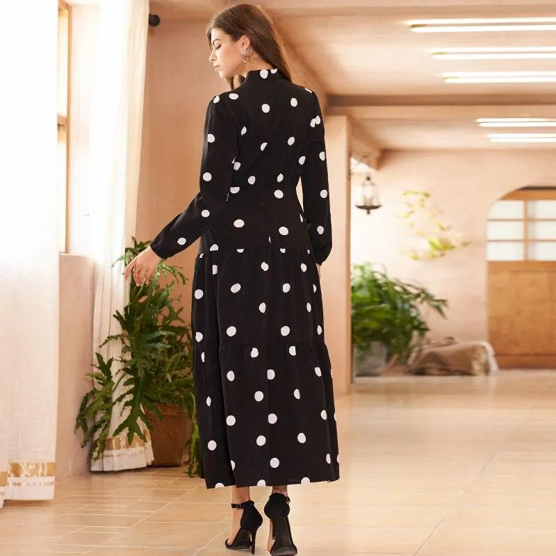 FashionSierra - Summer New Women Long Dress Black Frilly Polka Dot Print Lapel Fashion Sweet Commuter Style Holiday Style Long-sleeved Dresses