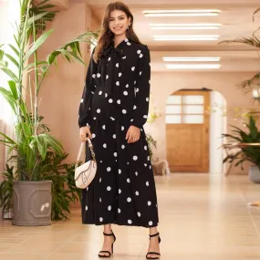 FashionSierra - Summer New Women Long Dress Black Frilly Polka Dot Print Lapel Fashion Sweet Commuter Style Holiday Style Long-sleeved Dresses