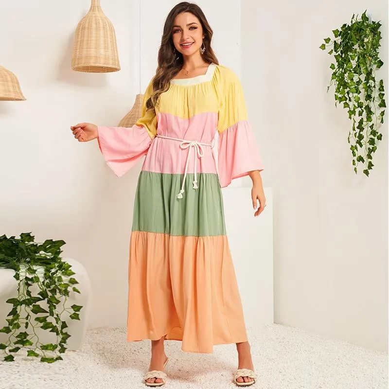 FashionSierra - Summer Women Dress Multicolor Stitching Flared Long Sleeves Sashes Belted Bohemian Holiday Casual Elegant Maxi Dresses