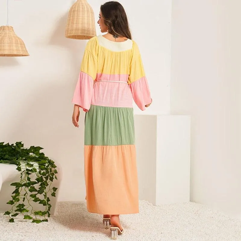 FashionSierra - Summer Women Dress Multicolor Stitching Flared Long Sleeves Sashes Belted Bohemian Holiday Casual Elegant Maxi Dresses