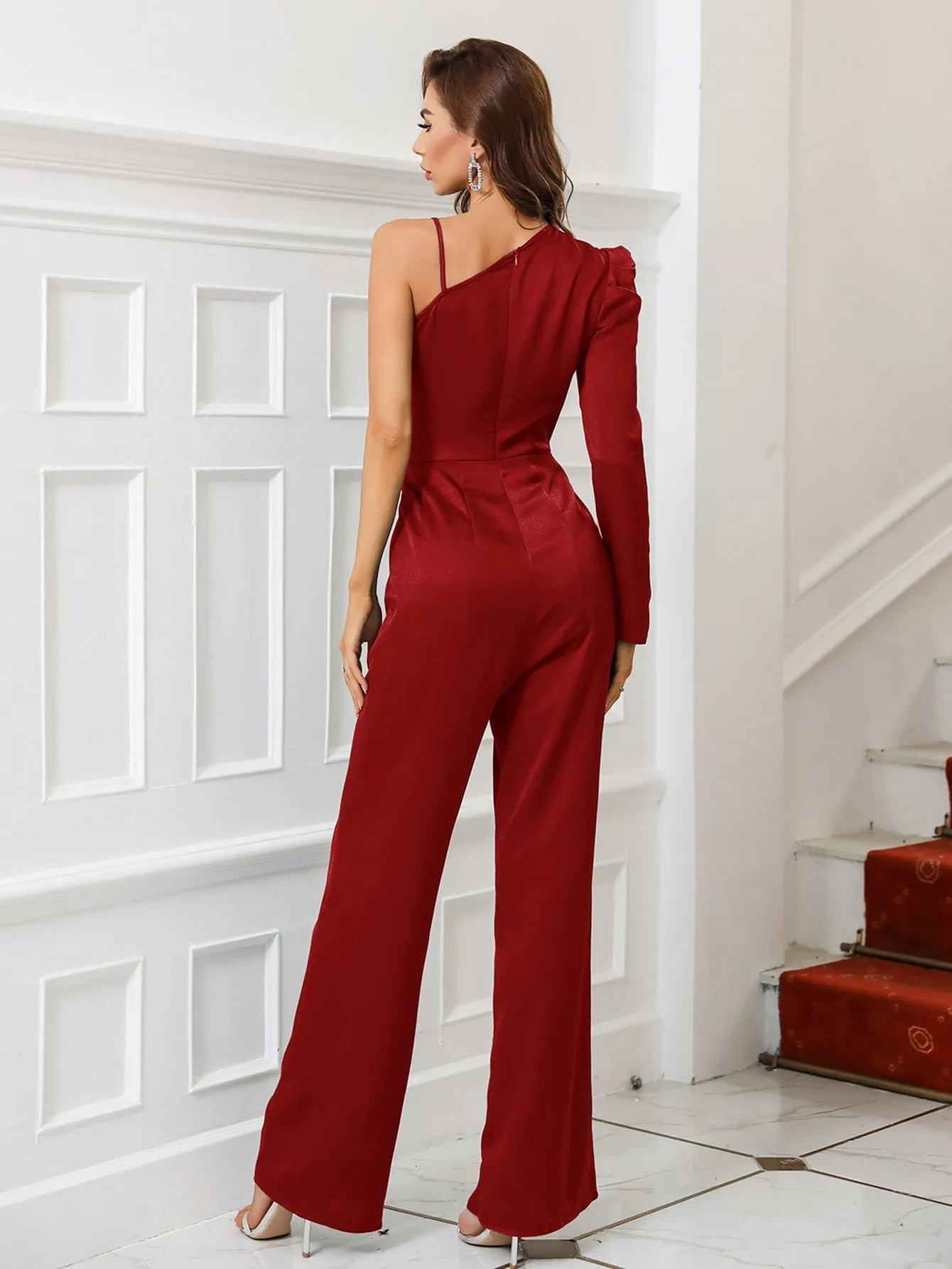 Glamorous Plain Asymmetrical Long Sleeve Asymmetrical Neck High Waist Long Women Jumpsuit