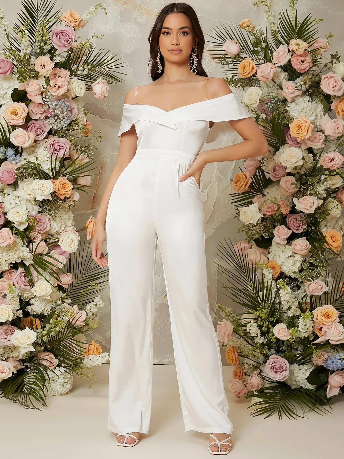 Glamorous Plain Zipper Short Sleeve Off The Shoulder High Waist Long Women Jumpsuit