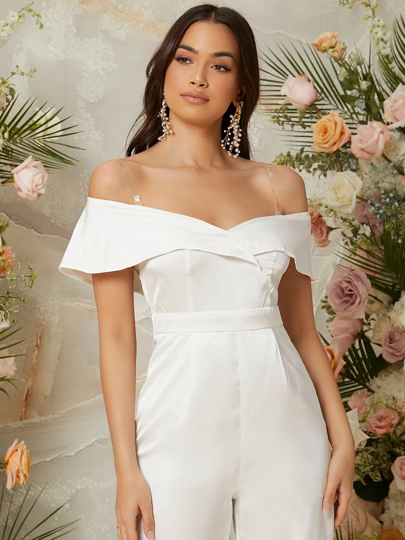 Glamorous Plain Zipper Short Sleeve Off The Shoulder High Waist Long Women Jumpsuit