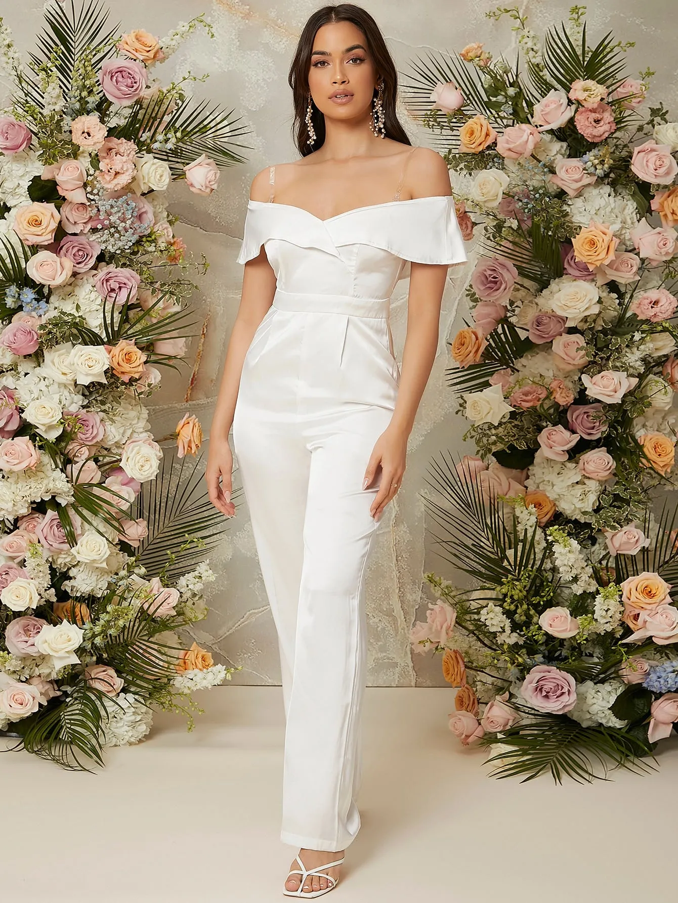 Glamorous Plain Zipper Short Sleeve Off The Shoulder High Waist Long Women Jumpsuit