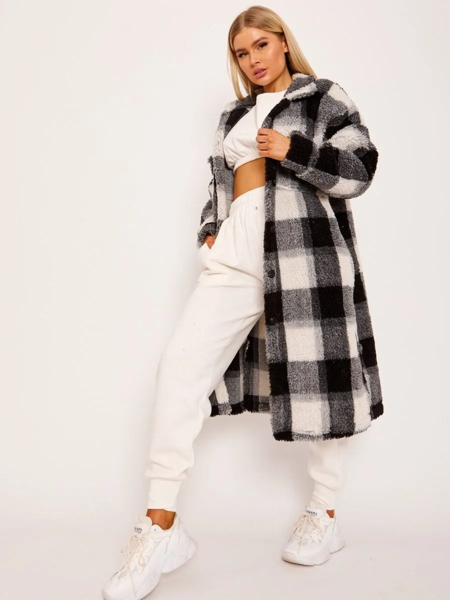 Gloria Check Teddy Borg Longline Coat In Black