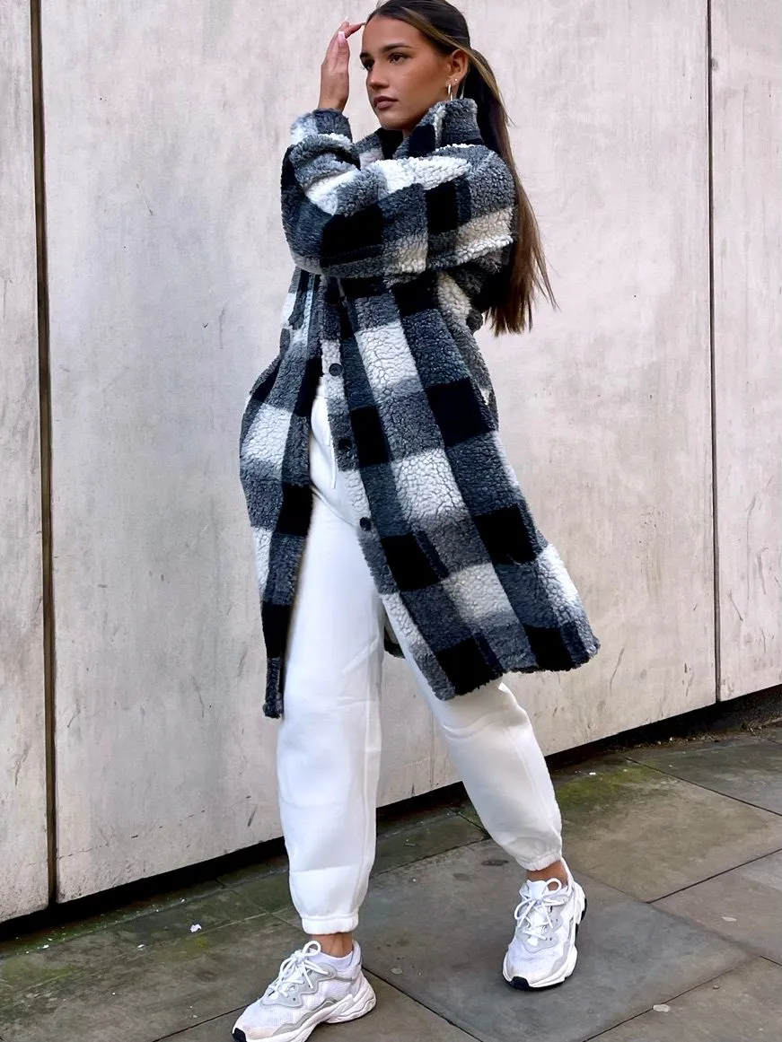 Gloria Check Teddy Borg Longline Coat In Black