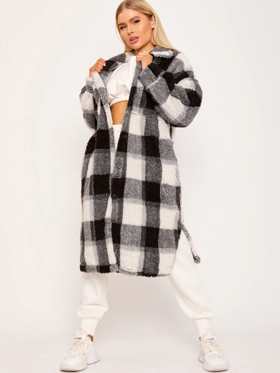 Gloria Check Teddy Borg Longline Coat In Black