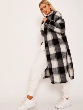 Gloria Check Teddy Borg Longline Coat In Black
