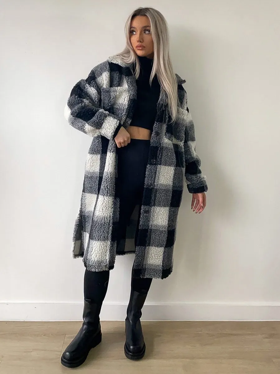 Gloria Check Teddy Borg Longline Coat In Black