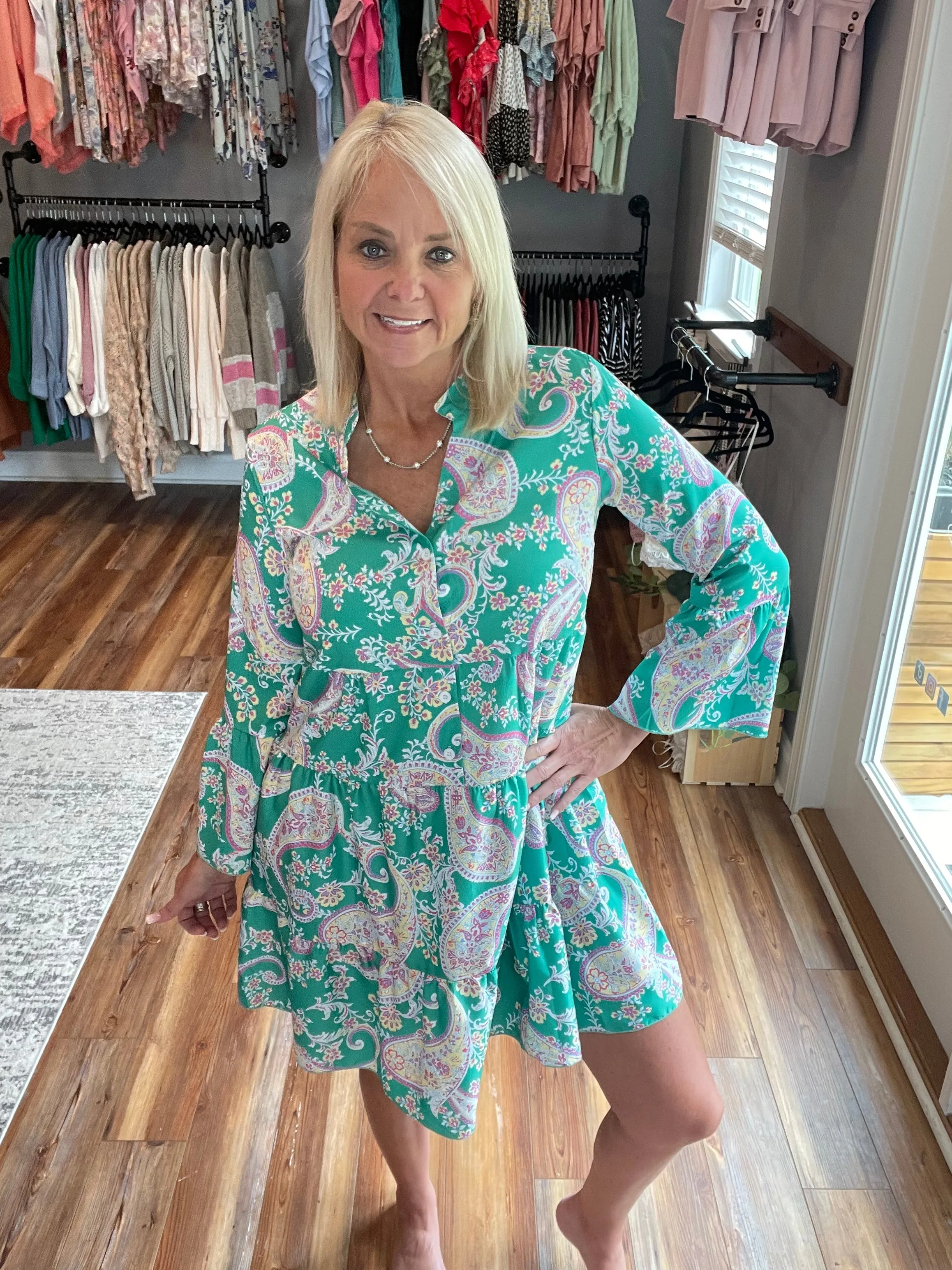 Green Paisley Print Notch Neck Tunic Dress