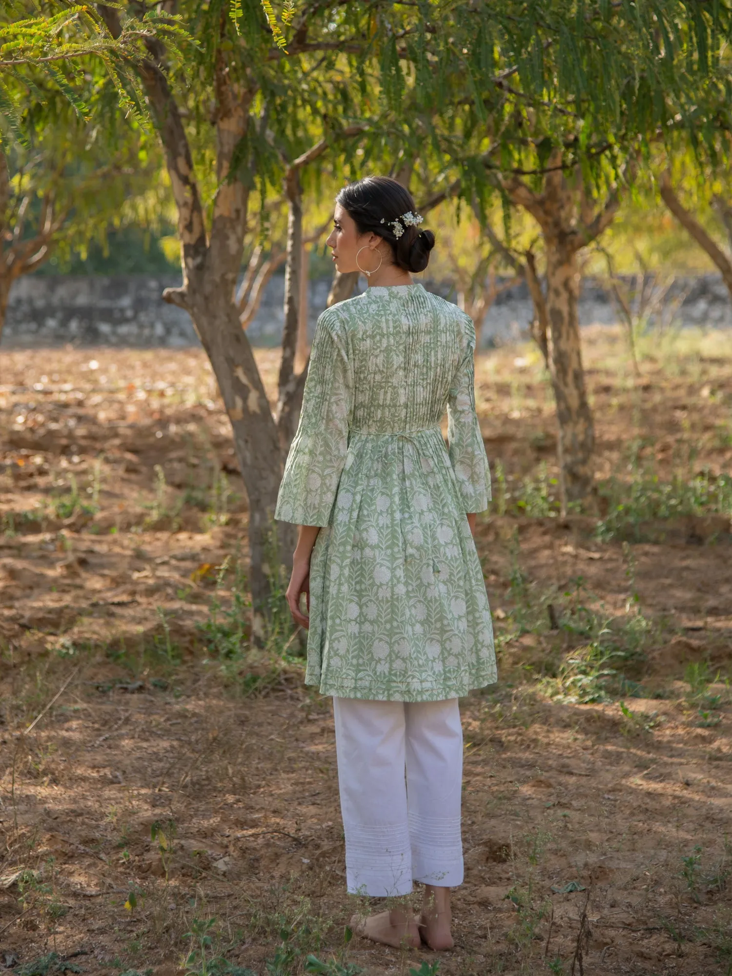 Greener Days Tunic Dress- Green Hand Block Printed Cotton Dress