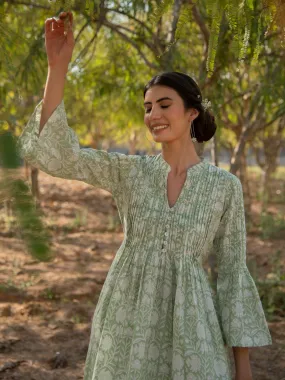 Greener Days Tunic Dress- Green Hand Block Printed Cotton Dress
