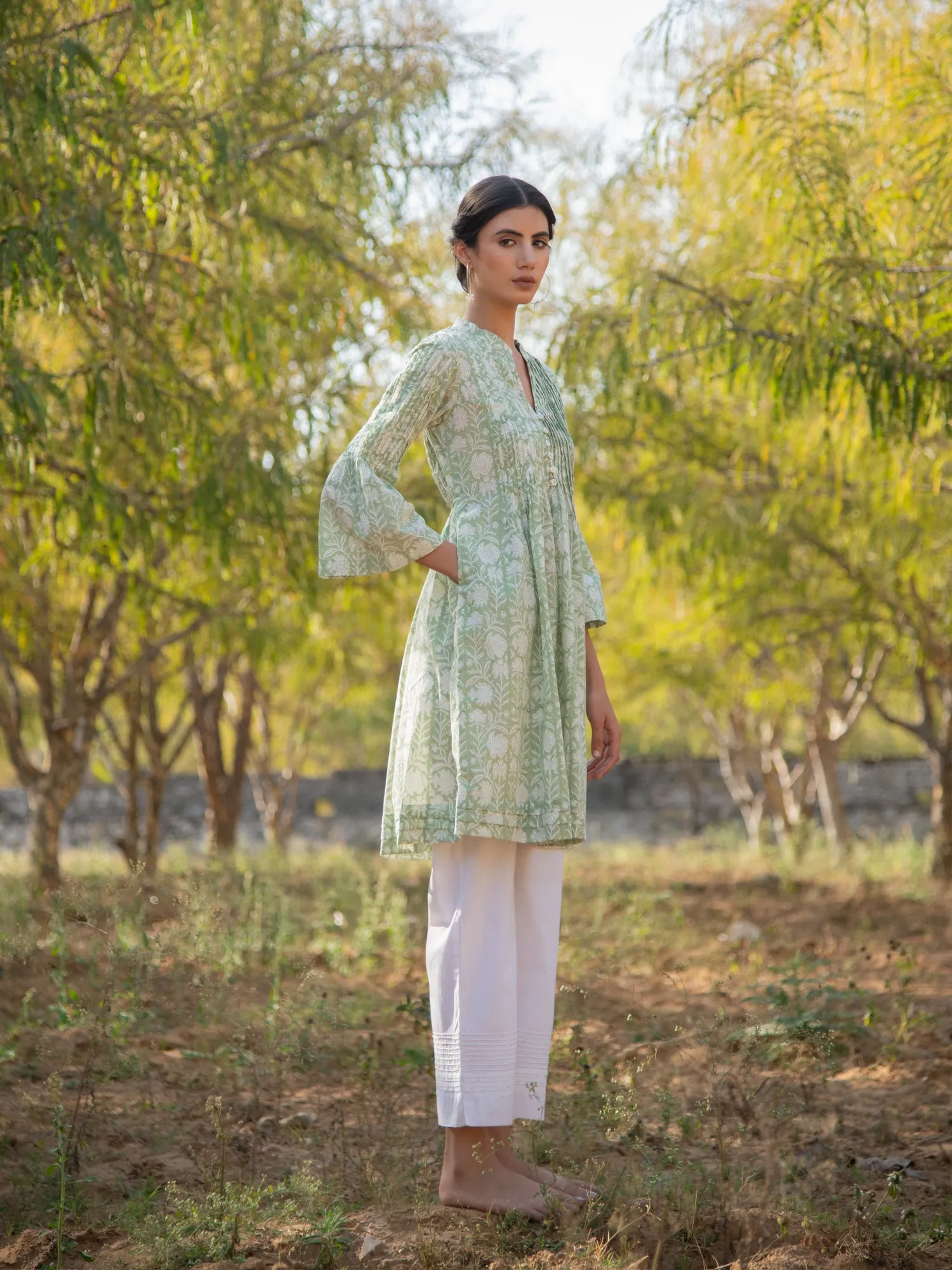 Greener Days Tunic Dress- Green Hand Block Printed Cotton Dress