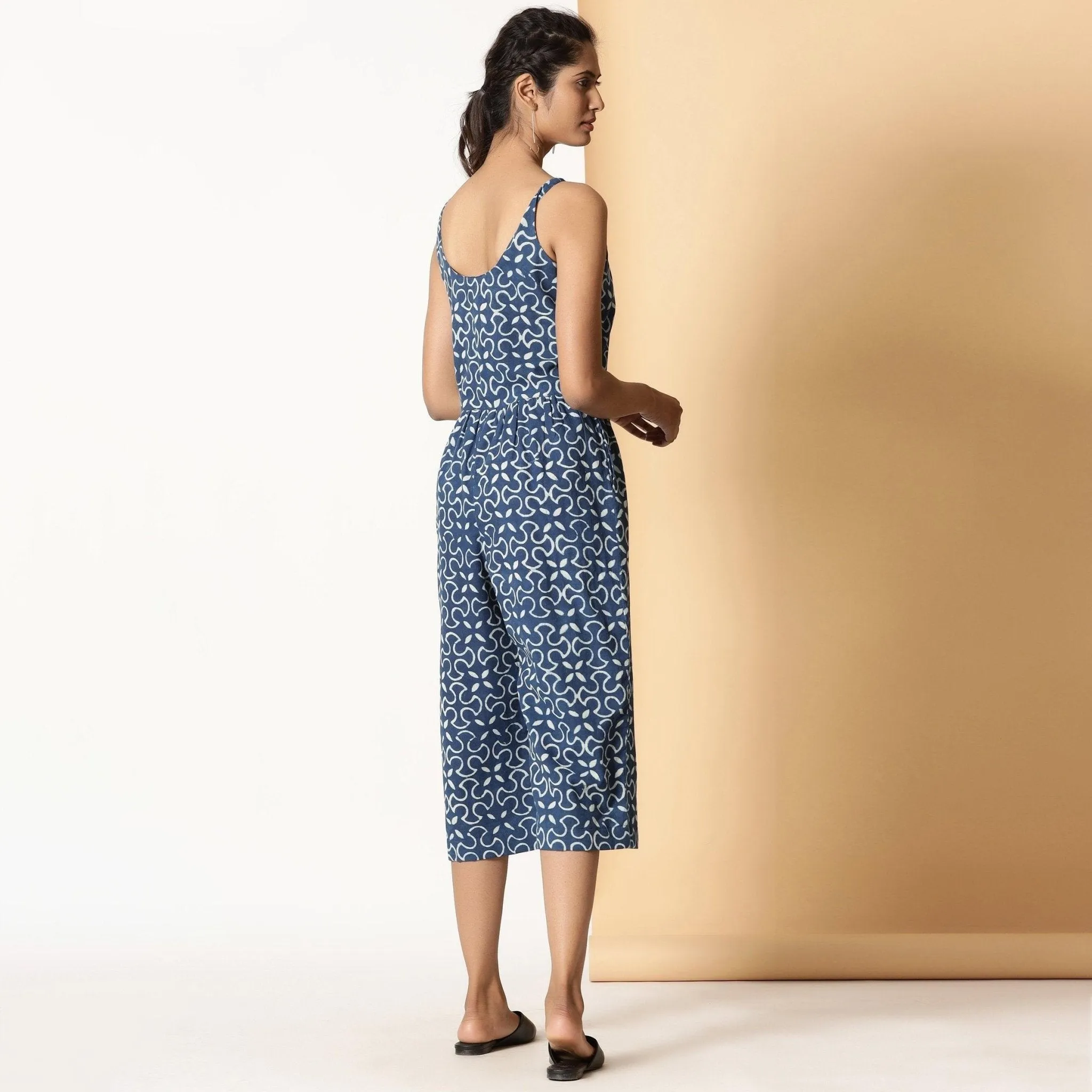 Indigo Block Print Button-Down Cotton Midi Jumpsuit
