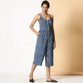 Indigo Block Print Button-Down Cotton Midi Jumpsuit