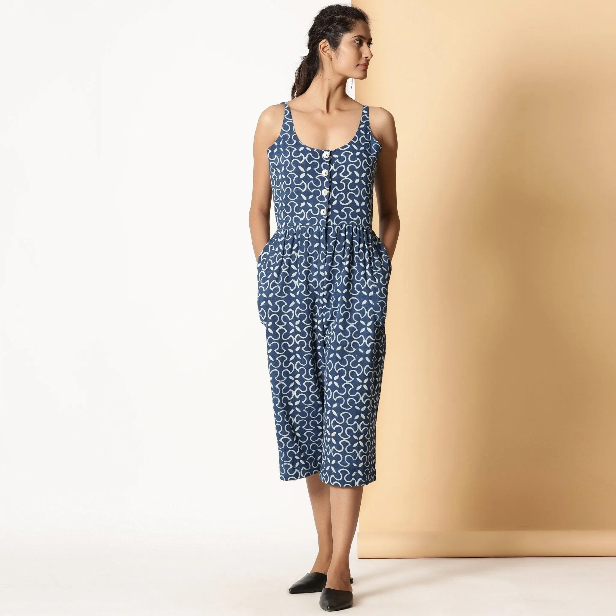 Indigo Block Print Button-Down Cotton Midi Jumpsuit