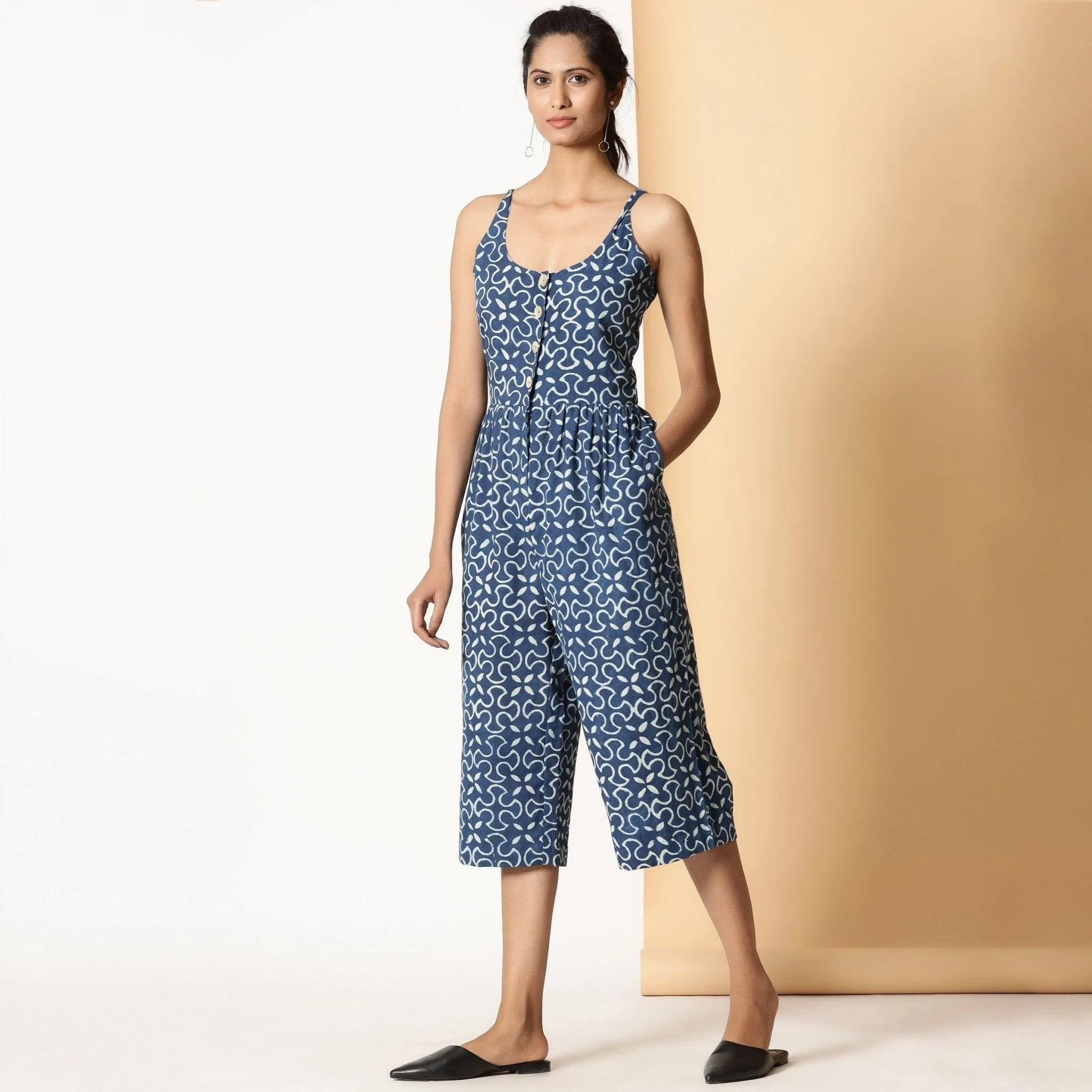 Indigo Block Print Button-Down Cotton Midi Jumpsuit