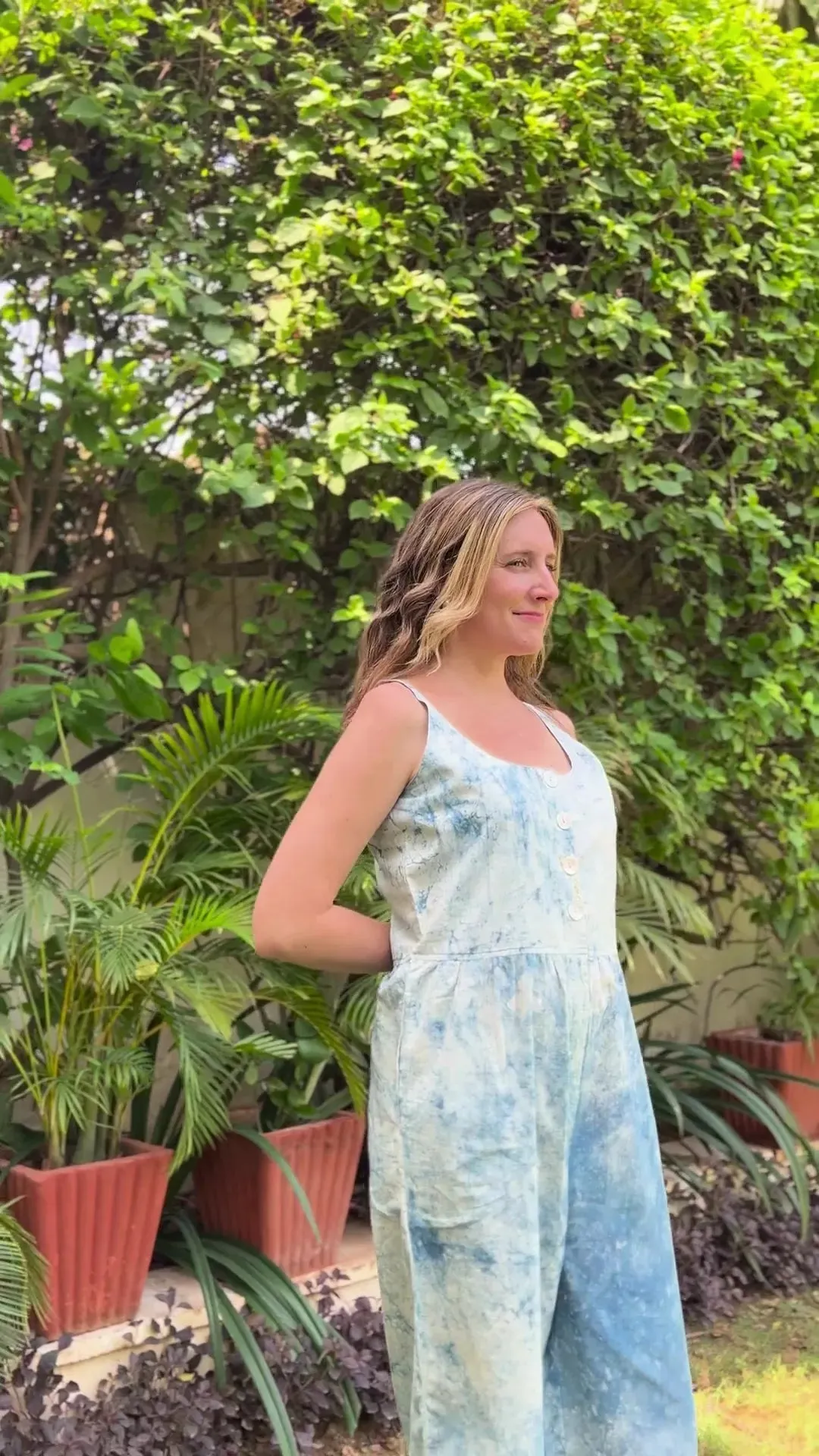 Indigo Block Print Button-Down Cotton Midi Jumpsuit