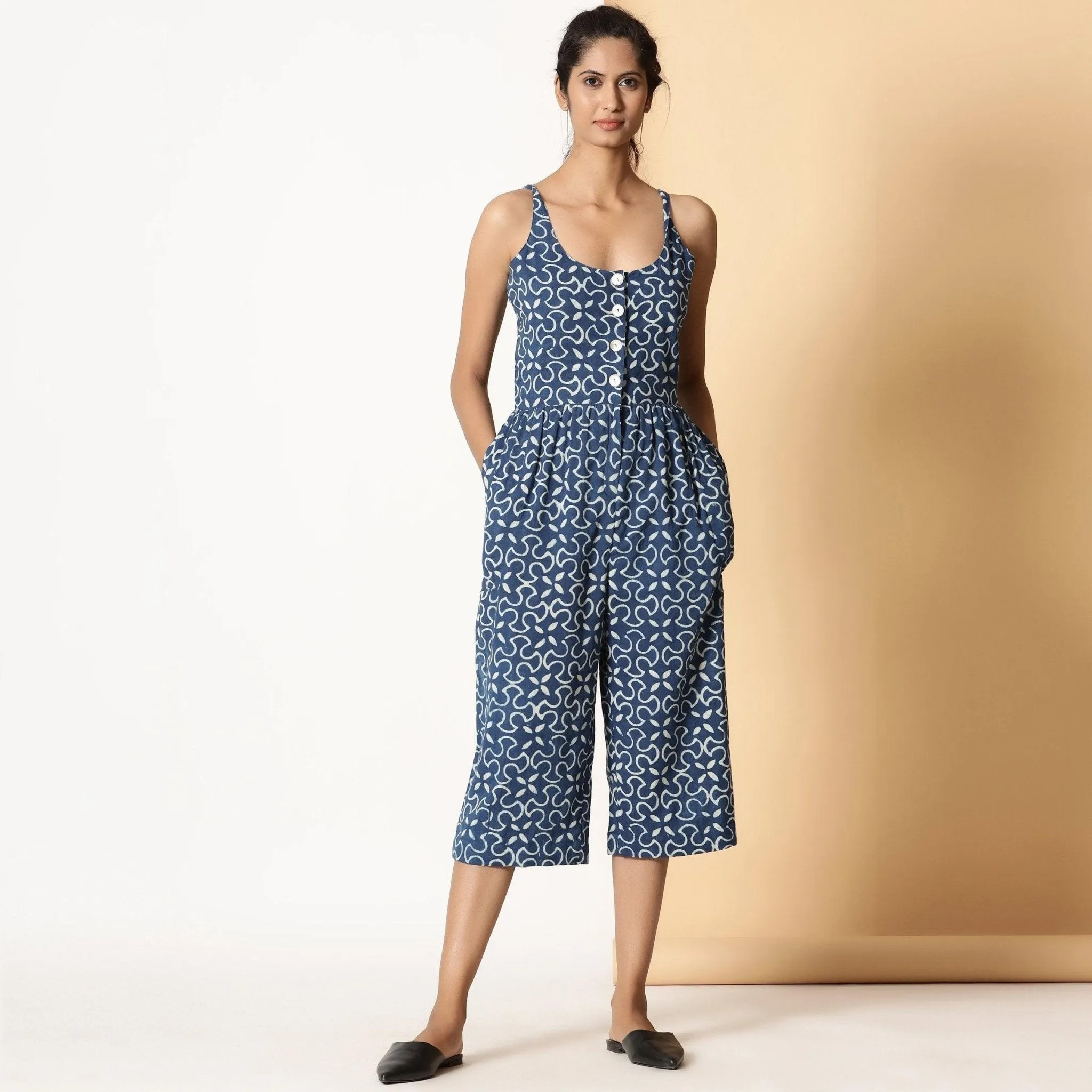 Indigo Block Print Button-Down Cotton Midi Jumpsuit