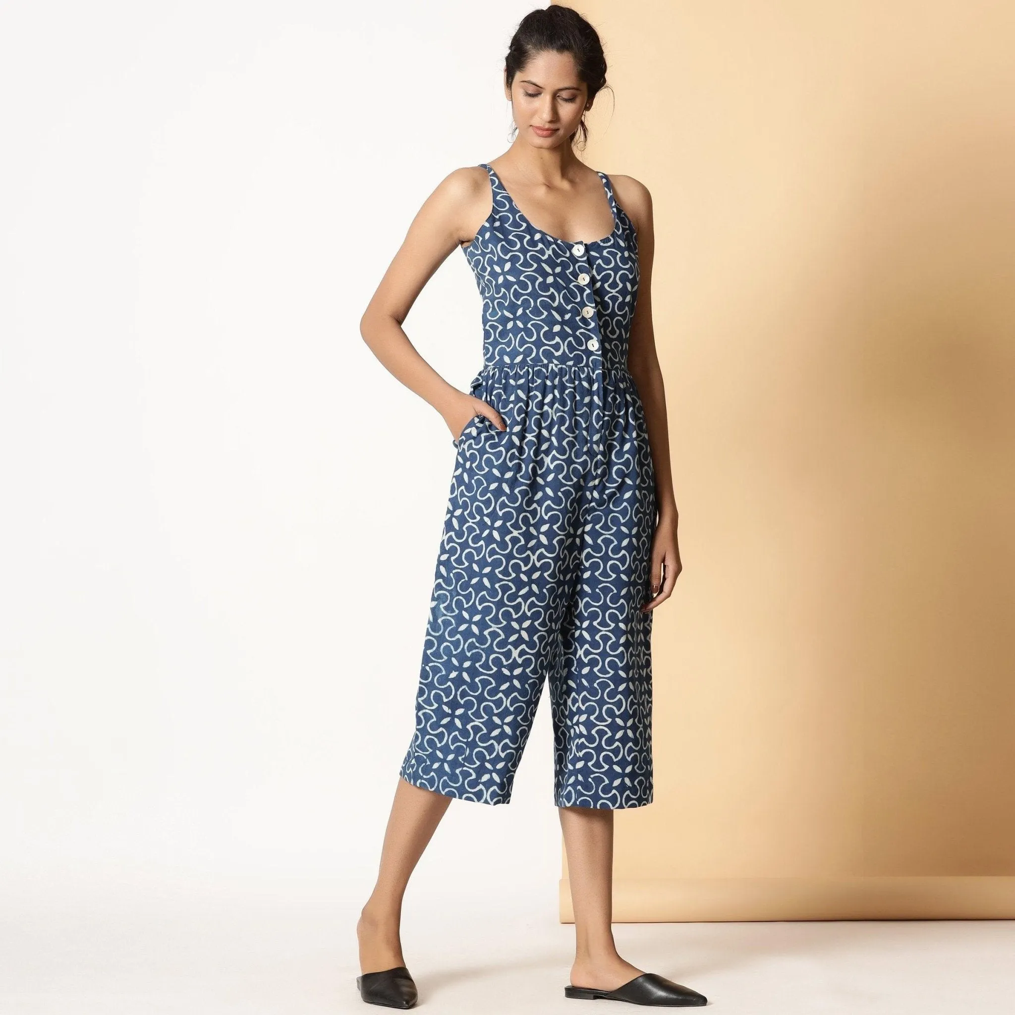 Indigo Block Print Button-Down Cotton Midi Jumpsuit